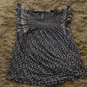 Blue and White Smocked Cap Sleeve Blouse